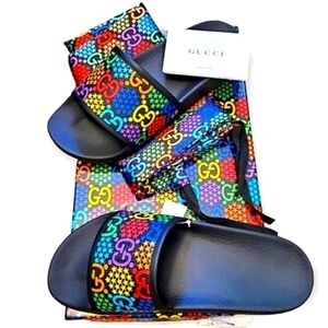 NIB Gucci Psychedelic Monogram G Logo Casual Colorful Beach Slides & Box 6.5 COA